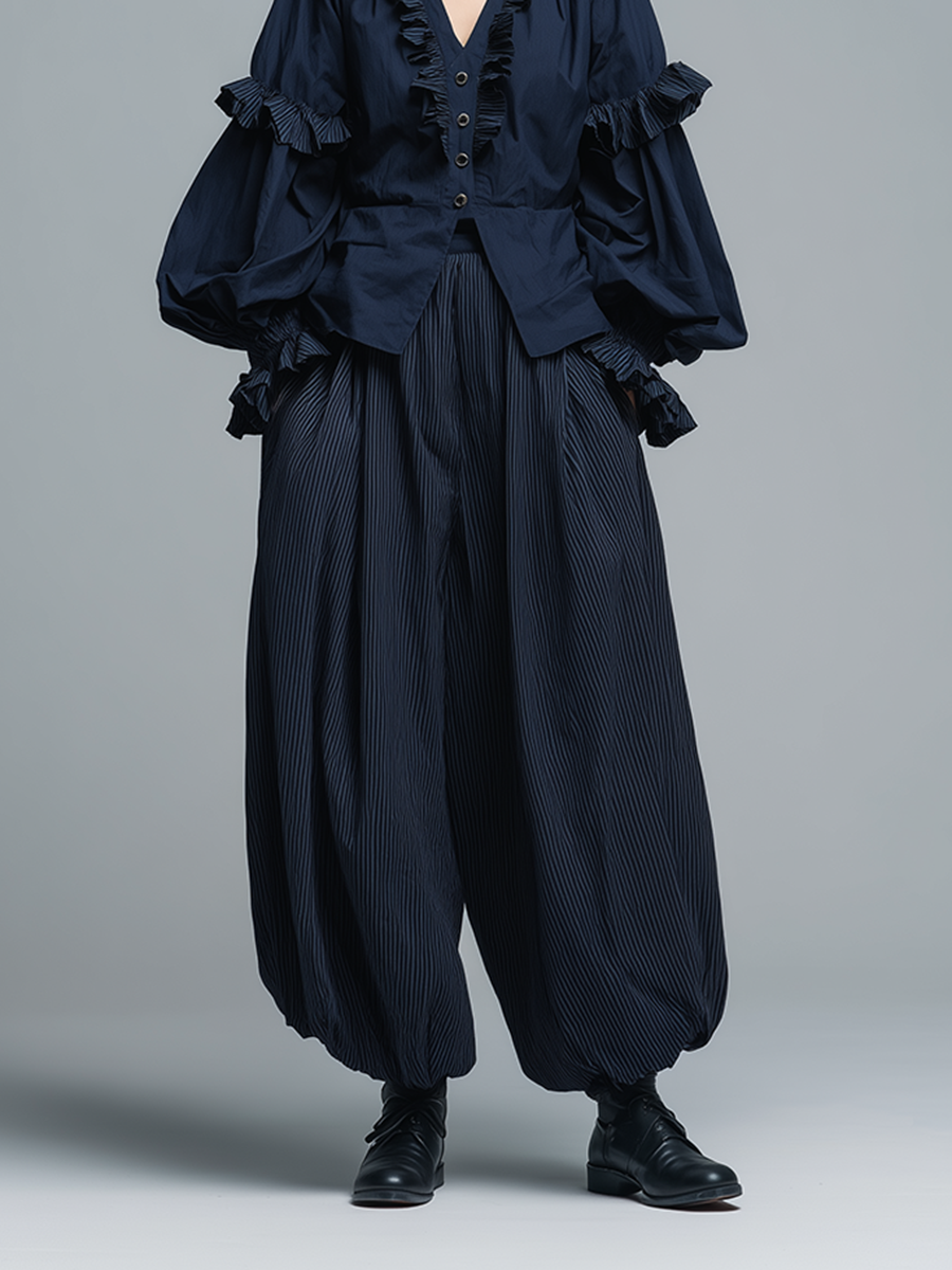 Women's French Retro-Style Elegant & Casual Cotton-Linen Set: Deep Navy Ruffled V-Neck Lantern-Sleeve Shirt &Striped Lantern Pants MDZ3015D9ZJW