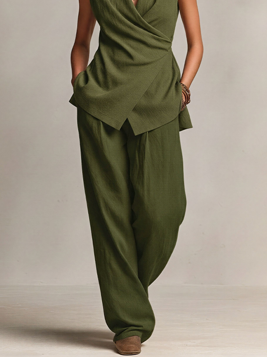 Women's Olive Green Linen-Blend Two-Piece Set With Wrap Vest & Wide Leg Pants, Timeless Minimalist Casual Outfit MDZ1276E0LYL