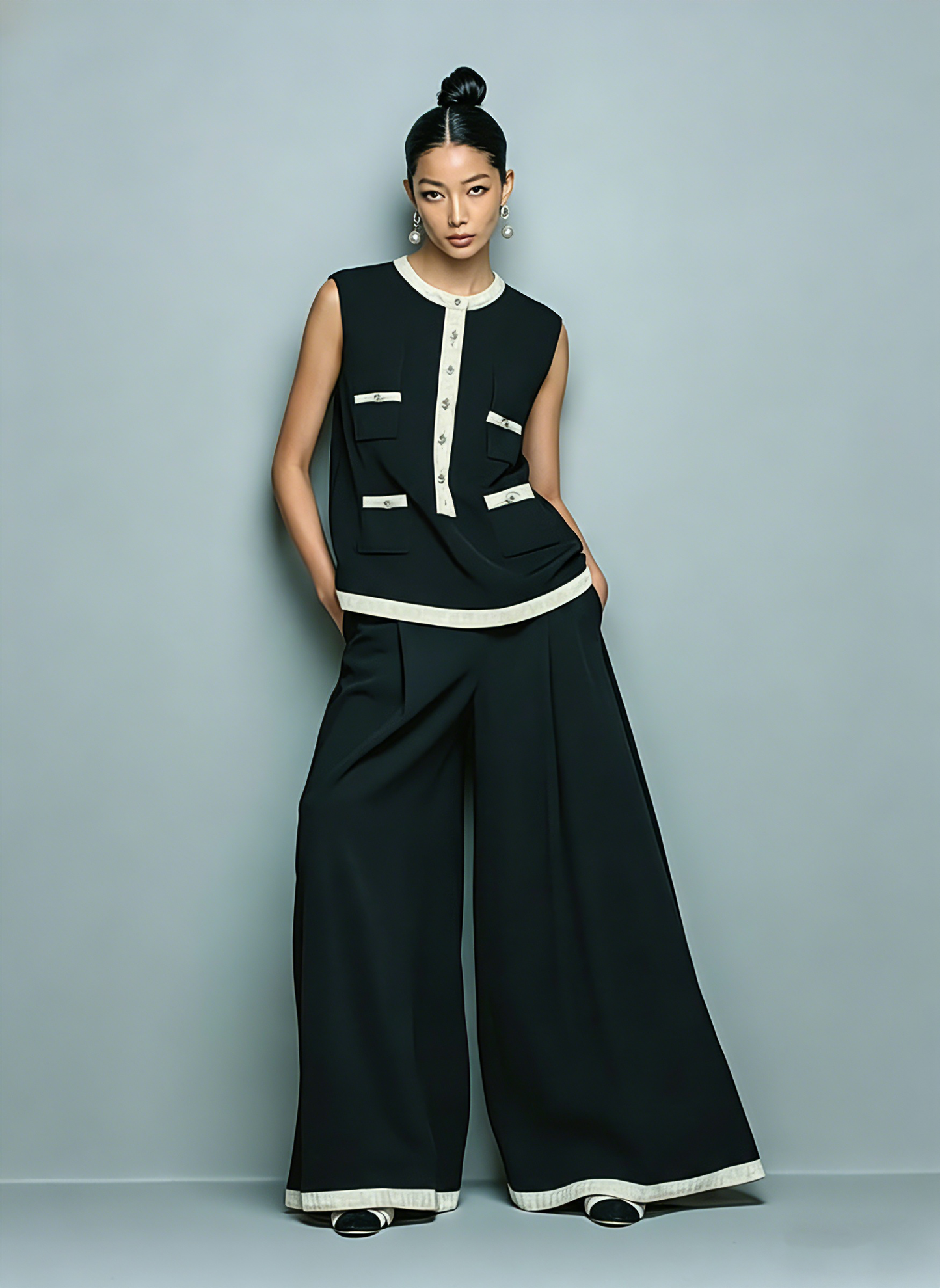 Women's Minimalist Tencel-Blend Sleeveless Blouse & Wide-Leg Pants Set MDZ1276E5Y