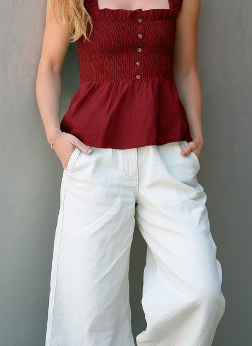 Women's Casual Deep Red Cotton-Linen Sleeveless Camisole Top Paired With White Woven Trousers MDZ1539E4LXY