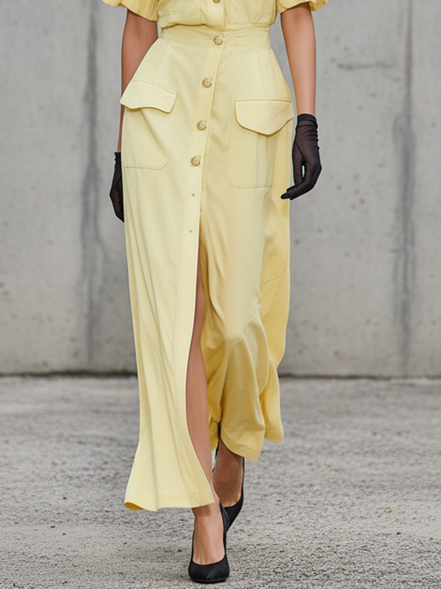 Women's Pastel Yellow Linen-Blend Shirt Dress With Puff Sleeves & Front Slit, Timeless Utility Casual Dress MDZ1813E5LYL
