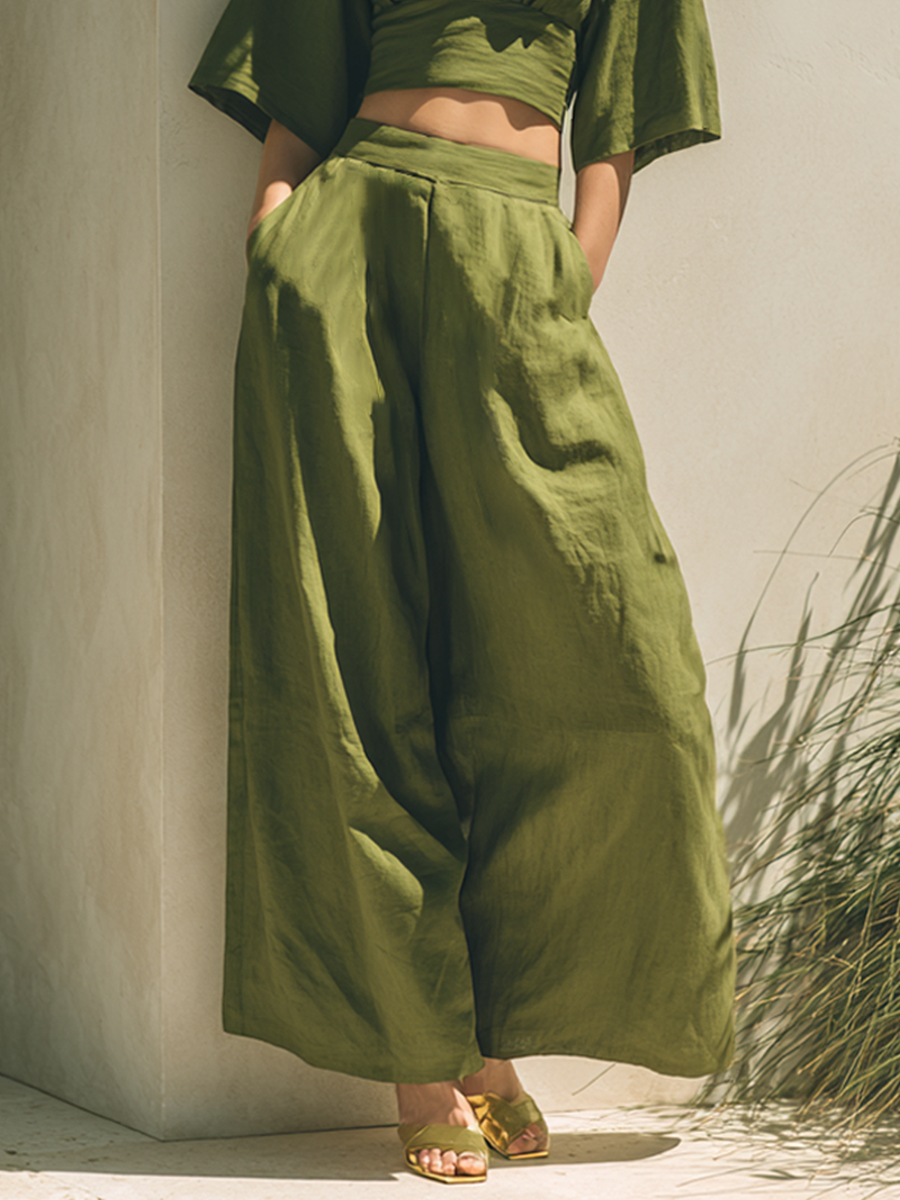 Women's Minimalist Cotton-Linen Blend Cropped Top & Wide-Leg Pants Set MDZ1935E9ZRK