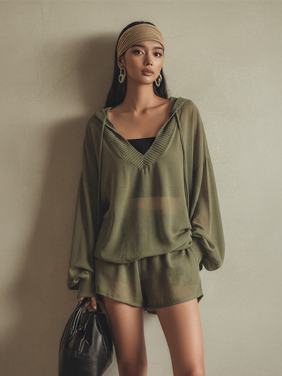 Women's Olive Green Sheer Knit Co-Ord With Oversized Hooded Blouse & Elastic Waist Shorts, Modern Effortless-Chic Summer Outfit MDZ2066E5LYL