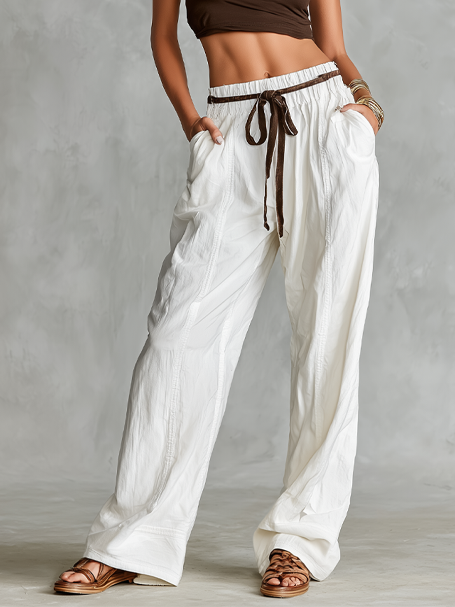Women's Brown Raglan Sleeve Crop Top & White Wide Leg Pants Co-Ord, Modern Effortless-Chic Summer Outfit MDZ2075E5LYL