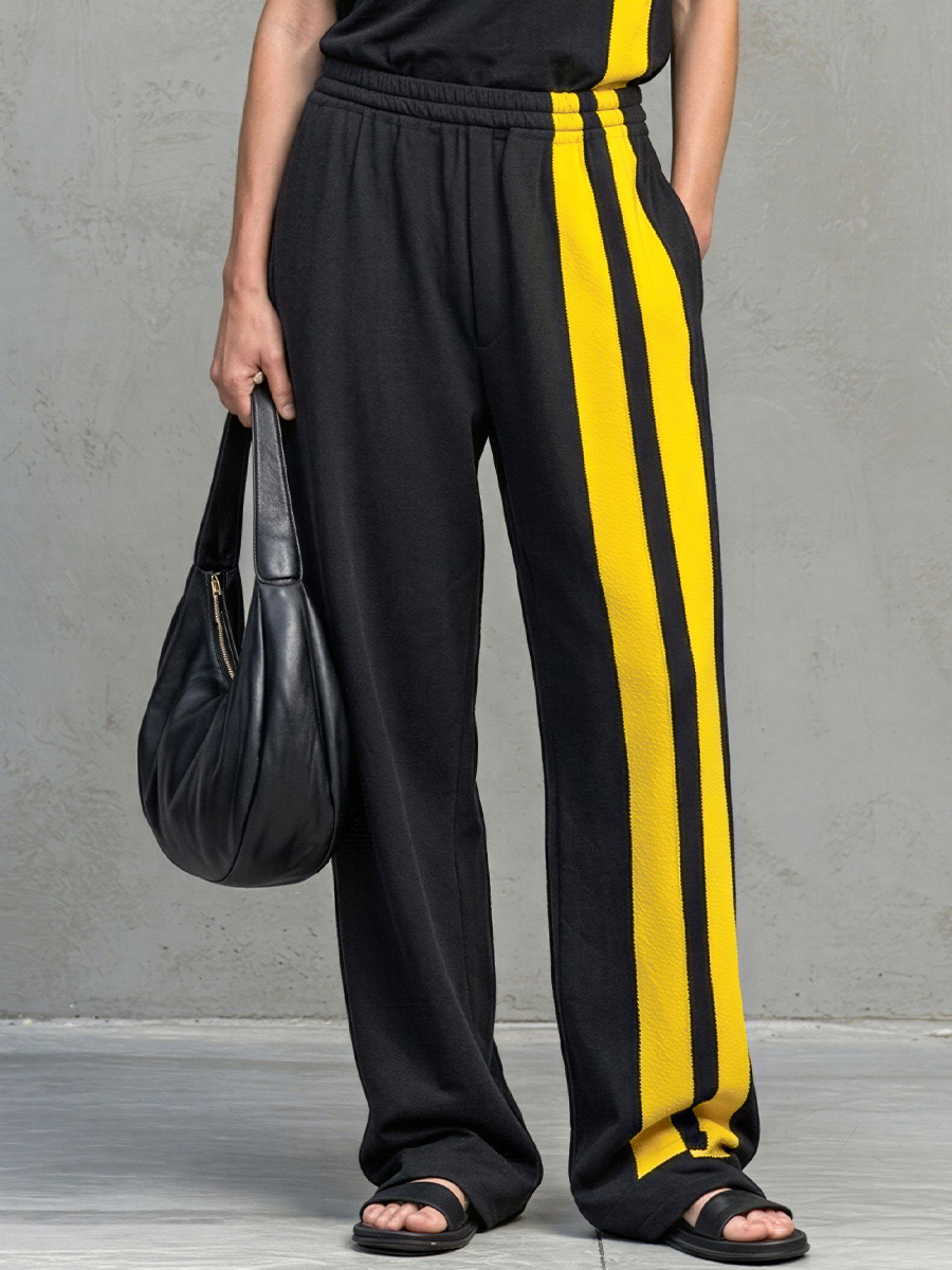 Women's Casual Black And Yellow Color-Block Cotton Blend Sleeveless Striped Elastic Waist Wide-Leg Long Jumpsuit MDZ2069E4GMJ
