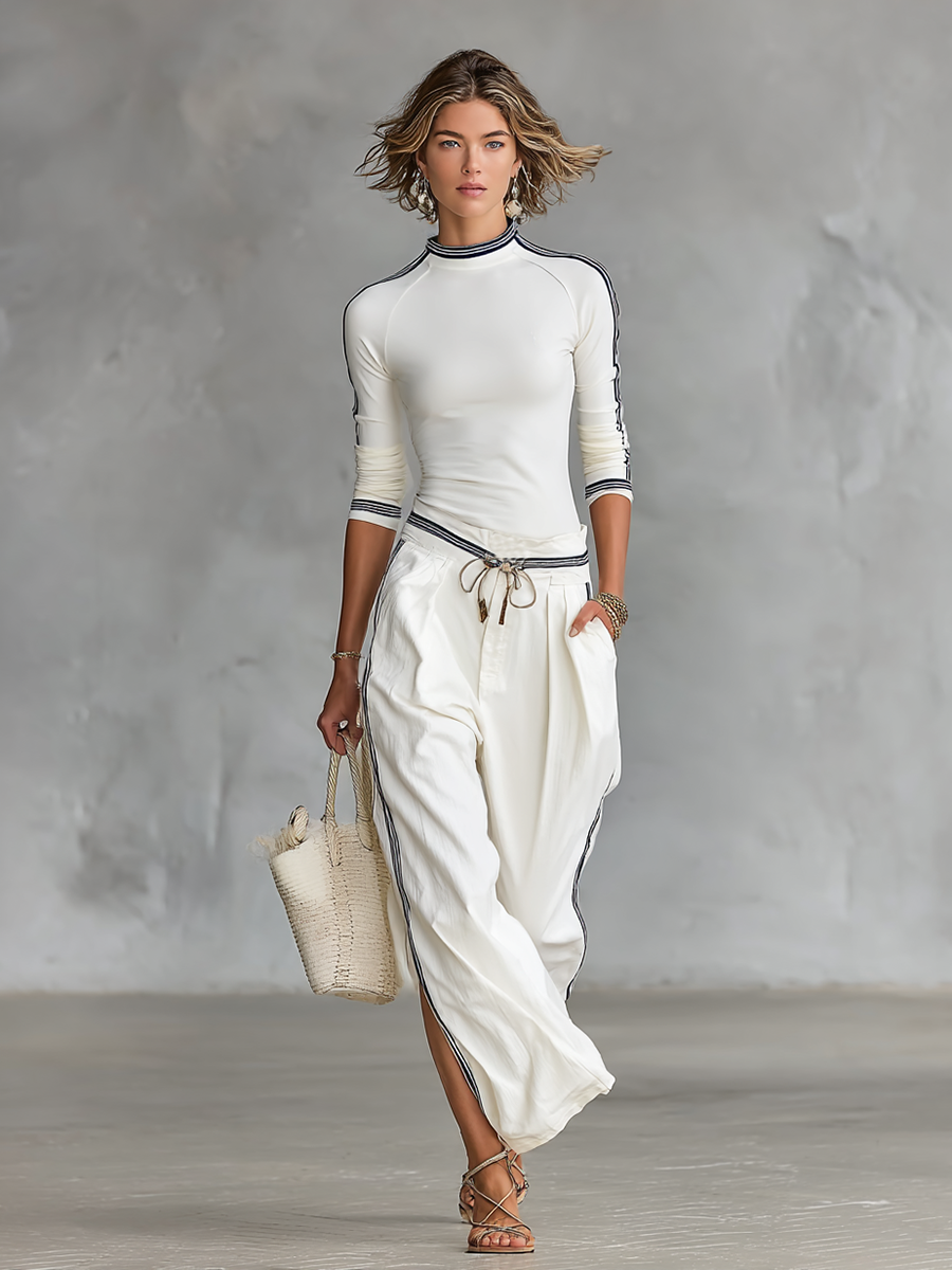 Women's Sports Half-high-neck Long-sleeved T-shirt Drawstring Wide-leg Pants Two-piece Set MDA2569G9Y