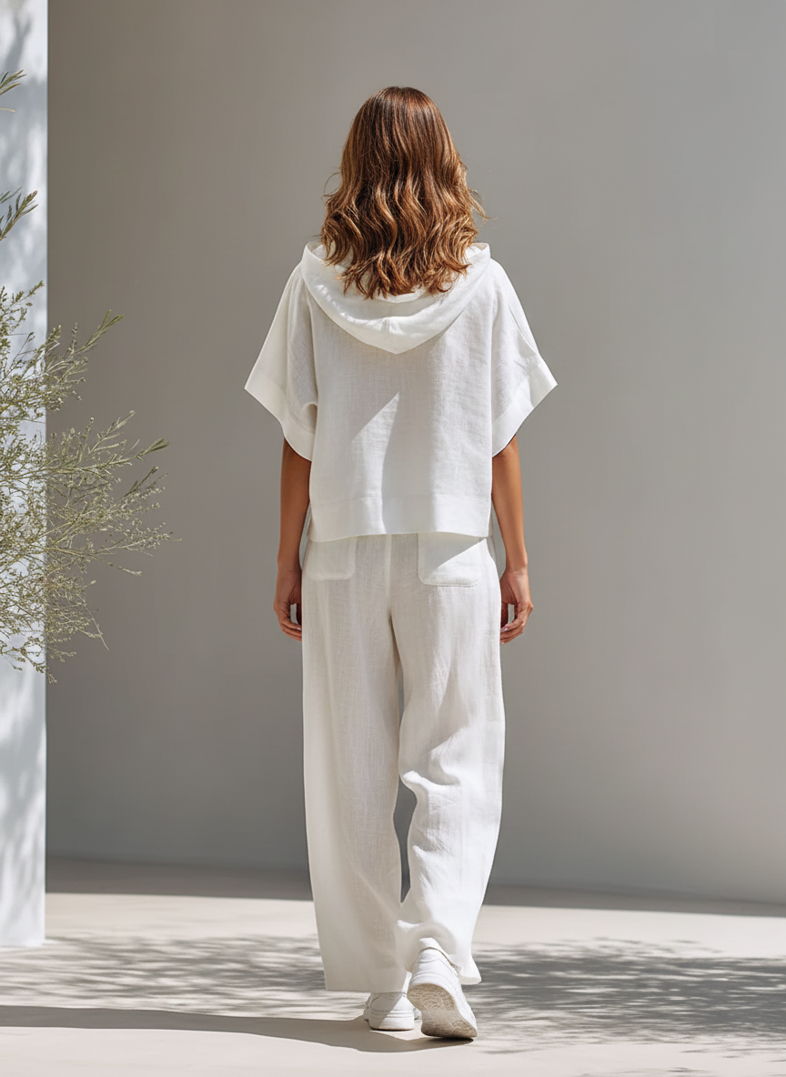 Women's Minimalist Cotton-Linen Blend Hooded Zip-Up Top & Wide-Leg Pants Set MDZ2046E6ZRK