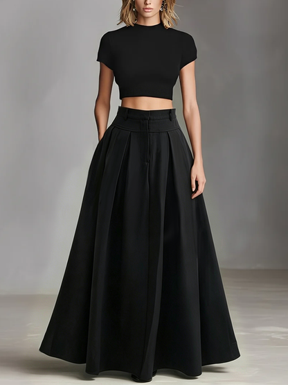 Women's Black Stretch-Knit & Woven Set With Cropped Top & Maxi Dress, Timeless Sleek-Chic Style Set (without Belt) MDZ1412A1I