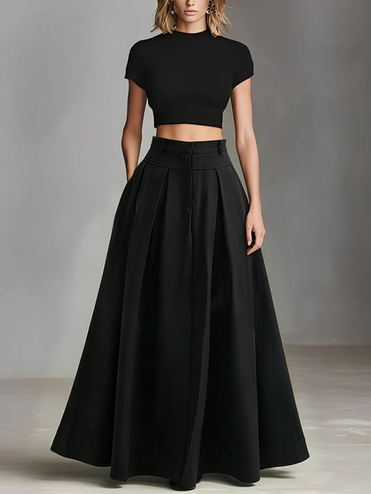 Women's Black Stretch-Knit & Woven Set With Cropped Top & Maxi Dress, Timeless Sleek-Chic Style Set (without Belt) MDZ1412A1I