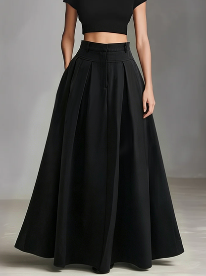 Women's Black Stretch-Knit & Woven Set With Cropped Top & Maxi Dress, Timeless Sleek-Chic Style Set (without Belt) MDZ1412A1I