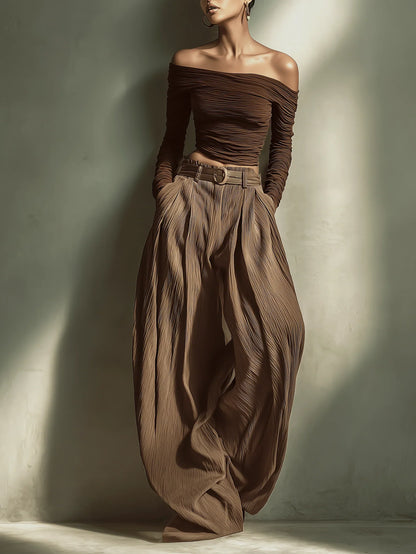 Women's Fashionable And Sexy Dark Brown Wide-leg Trousers (belt Not Included) MDA2974K4AN