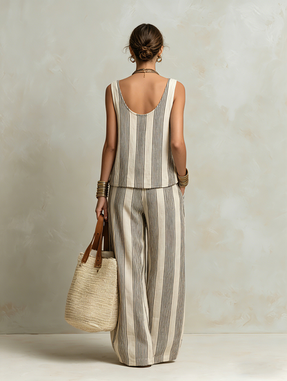 Women's Casual Black And White Striped Woven V-Neck Sleeveless Top With Trousers MDZ1701D4LXY