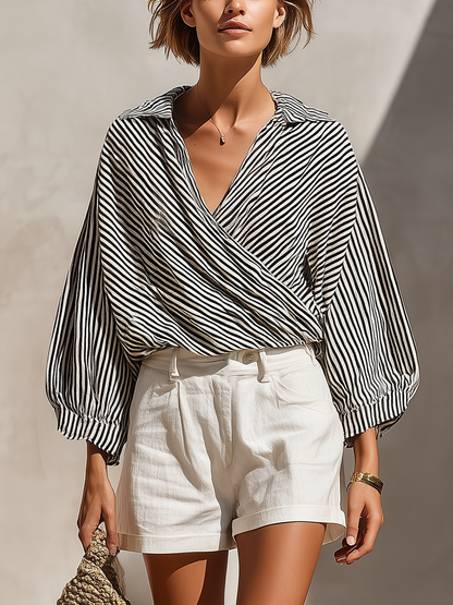 Women’s Black & White Striped Wrap Blouse & White High-Waisted Shorts Two-Piece Set MDZ2724D6T