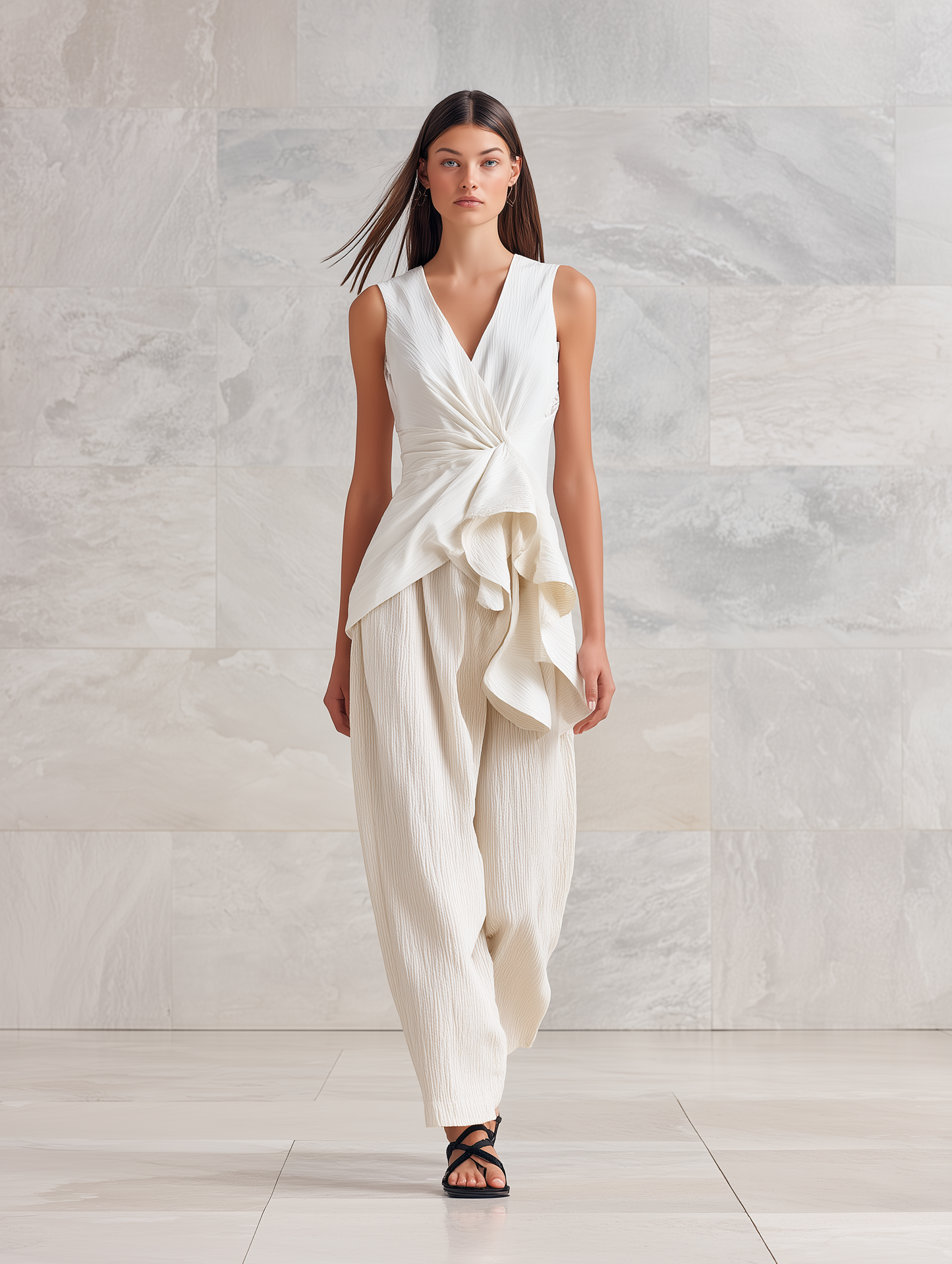 Women's Modern Minimalist Deconstructed Style Everyday Outfit: White Cotton-Linen Sleeveless V-Neck Top With Loose-Fit Trousers (Matching Set) MDZ2949D8ZJW