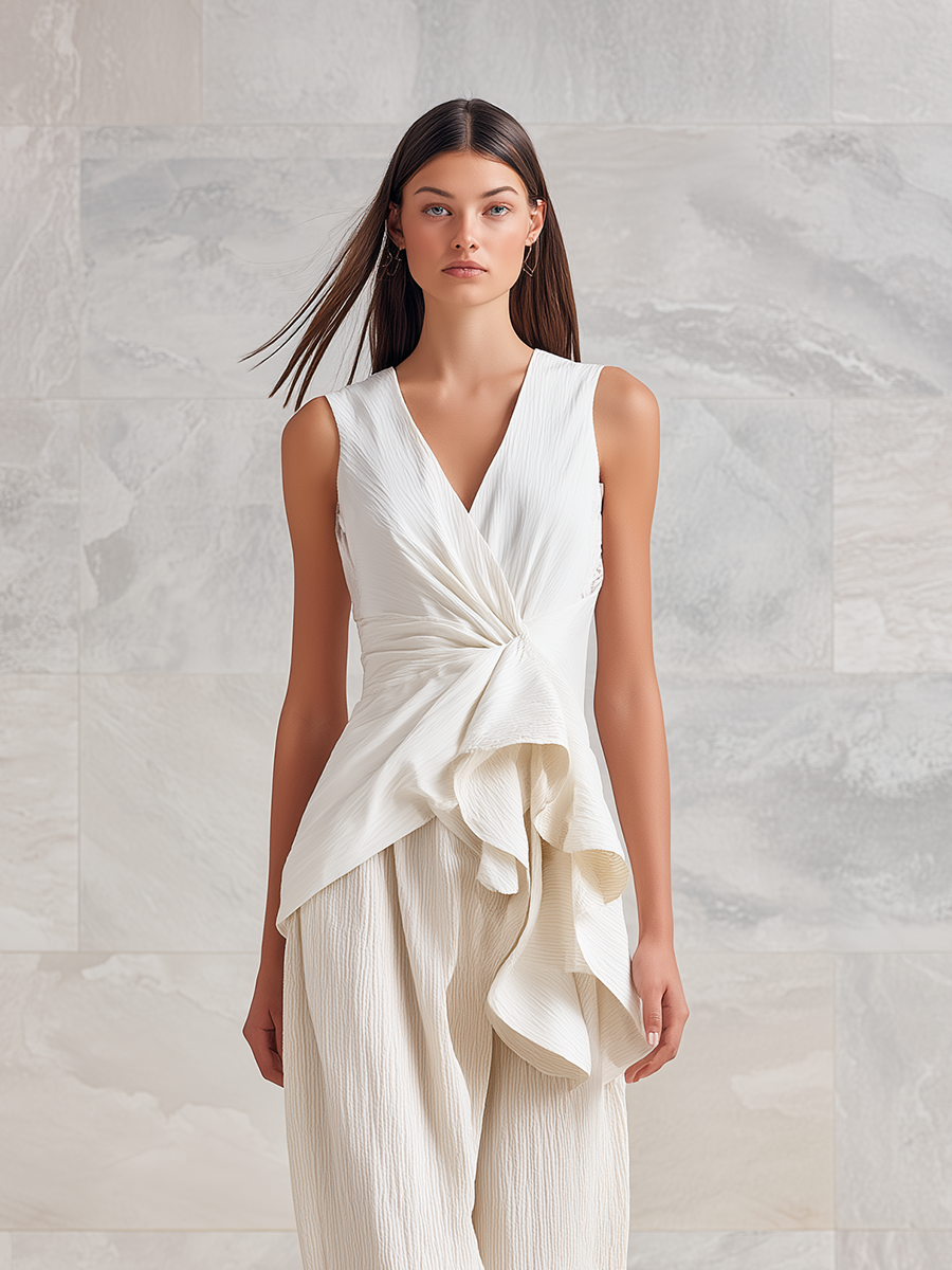 Women's Modern Minimalist Deconstructed Style Everyday Outfit: White Cotton-Linen Sleeveless V-Neck Top With Loose-Fit Trousers (Matching Set) MDZ2949D8ZJW