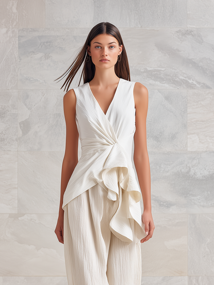Women's Modern Minimalist Deconstructed Style Everyday Outfit: White Cotton-Linen Sleeveless V-Neck Top With Loose-Fit Trousers (Matching Set) MDZ2949D8ZJW