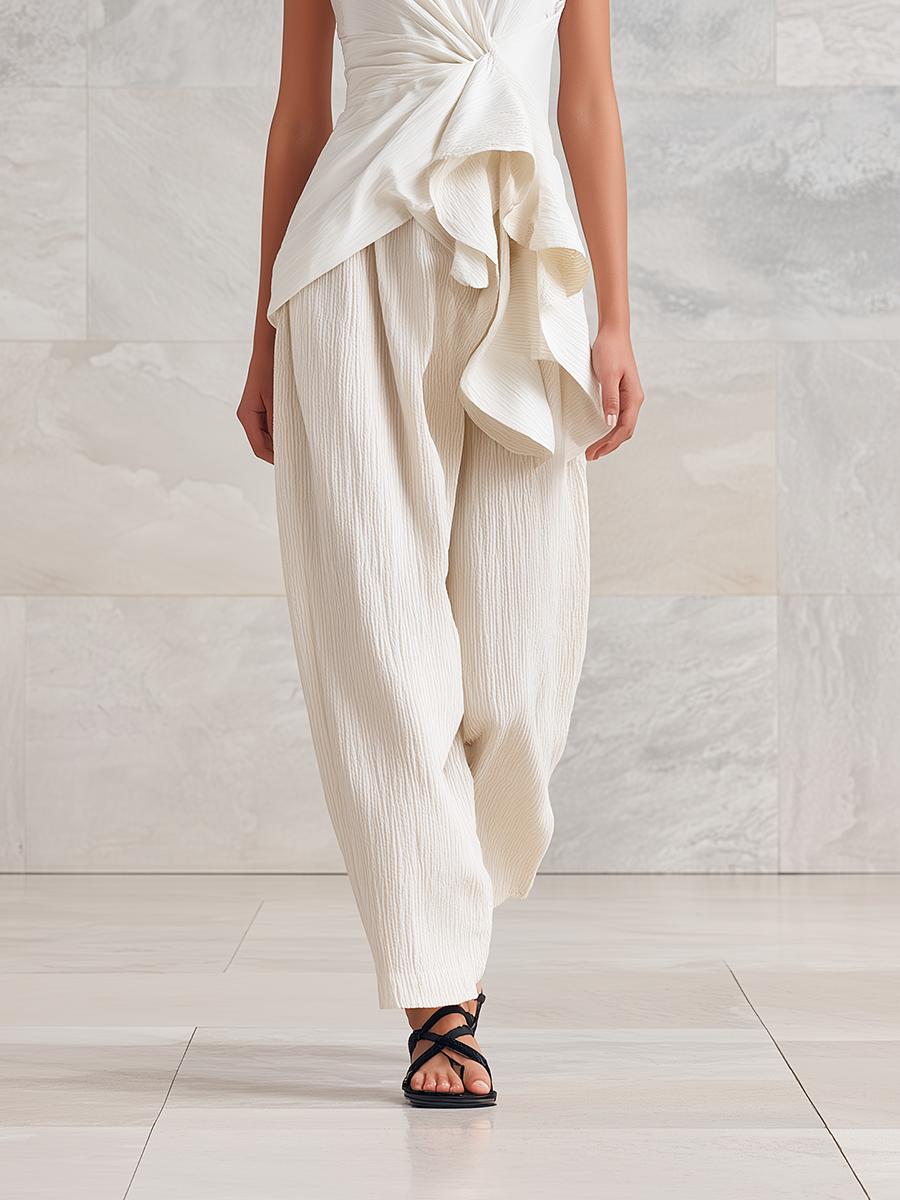 Women's Modern Minimalist Deconstructed Style Everyday Outfit: White Cotton-Linen Sleeveless V-Neck Top With Loose-Fit Trousers (Matching Set) MDZ2949D8ZJW