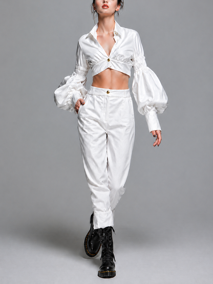 Women's Minimalist & Elegant White Polyester-Cotton Set: V-Neck Long-Sleeve Pleated Crop Top And Straight-Leg Cropped Trousers MDZ2961D9ZJW