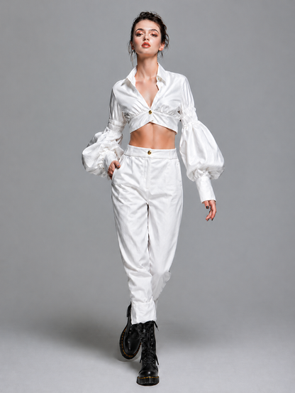 Women's Minimalist & Elegant White Polyester-Cotton Set: V-Neck Long-Sleeve Pleated Crop Top And Straight-Leg Cropped Trousers MDZ2961D9ZJW
