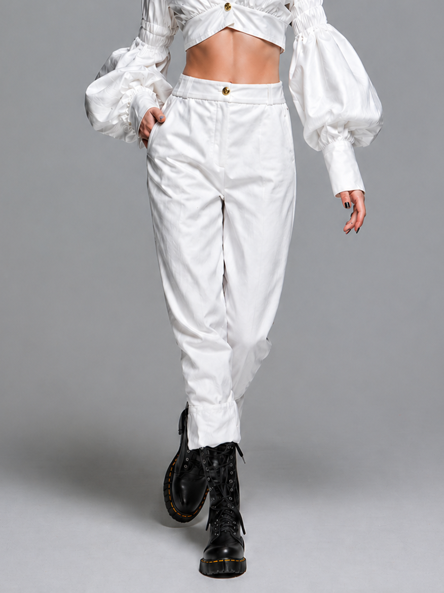 Women's Minimalist & Elegant White Polyester-Cotton Set: V-Neck Long-Sleeve Pleated Crop Top And Straight-Leg Cropped Trousers MDZ2961D9ZJW