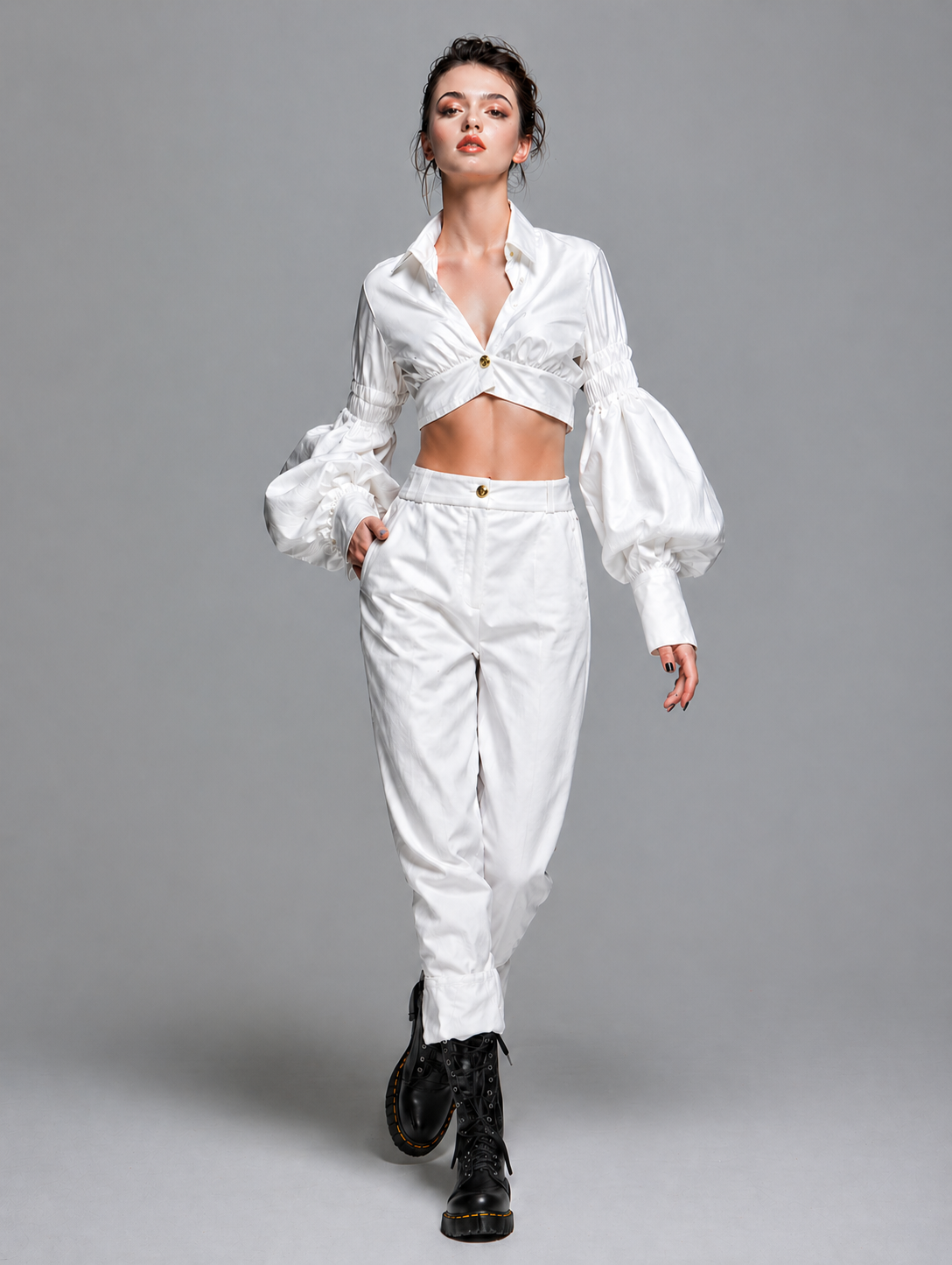 Women's Minimalist & Elegant White Polyester-Cotton Straight-Leg Cropped Trousers MDZ2950D2ZJW