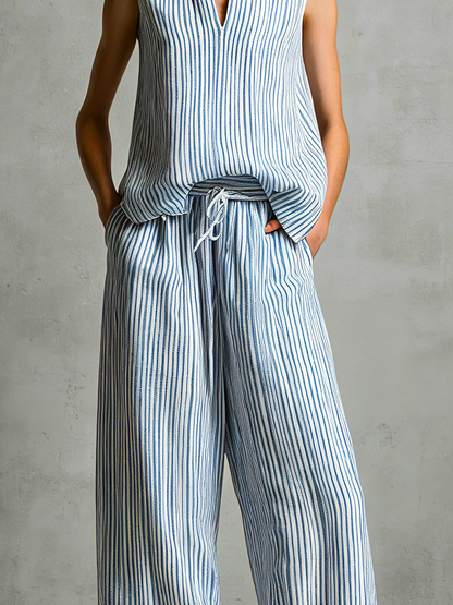 Women's Casual Blue And White Striped Woven Sleeveless V-Neck Top With Trousers MDZ2940D8LXY