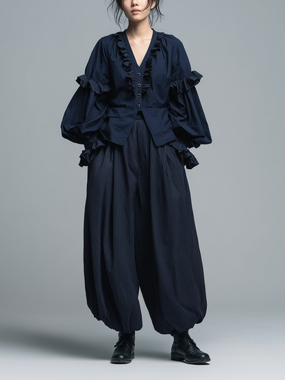Women's French Retro-Style Elegant & Casual Cotton-Linen Set: Deep Navy Ruffled V-Neck Lantern-Sleeve Shirt ＆Striped Lantern Pants MDZ3015D9ZJW