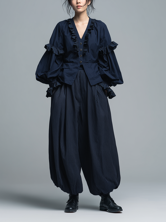 Women's French Retro-Style Elegant & Casual Cotton-Linen Set: Deep Navy Ruffled V-Neck Lantern-Sleeve Shirt ＆Striped Lantern Pants MDZ3015D9ZJW
