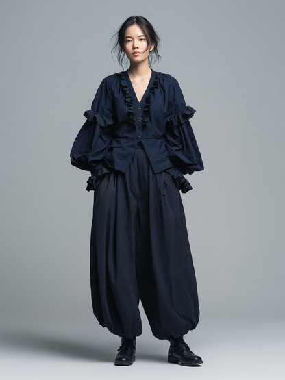 Women's French Retro-Style Elegant & Casual Cotton-Linen Set: Deep Navy Ruffled V-Neck Lantern-Sleeve Shirt ＆Striped Lantern Pants MDZ3015D9ZJW