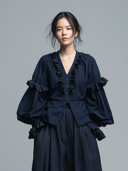 Women's French Retro-Style Elegant & Casual Cotton-Linen Set: Deep Navy Ruffled V-Neck Lantern-Sleeve Shirt ＆Striped Lantern Pants MDZ3015D9ZJW
