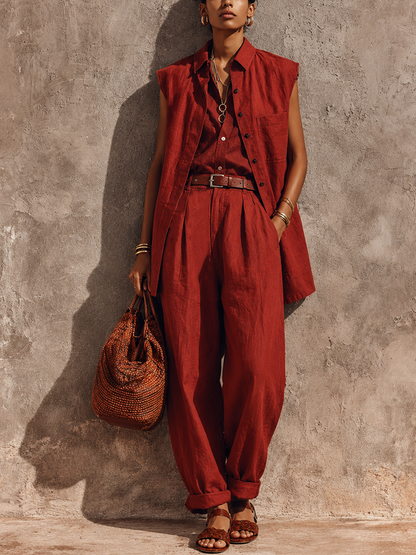 Women's Retro Brick Red Linen-Cotton Collared Sleeveless Vest And High-Waisted Pleated Wide-Leg Pants Set MDZ1110E3GMJ