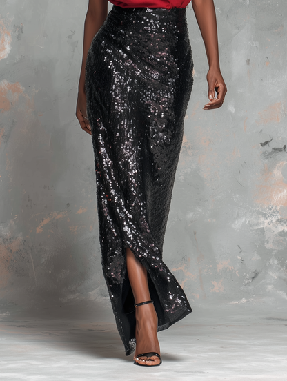 Women's Minimalist Sleeveless Shirt & Sequin Skirt Set MDZ1216E5Y