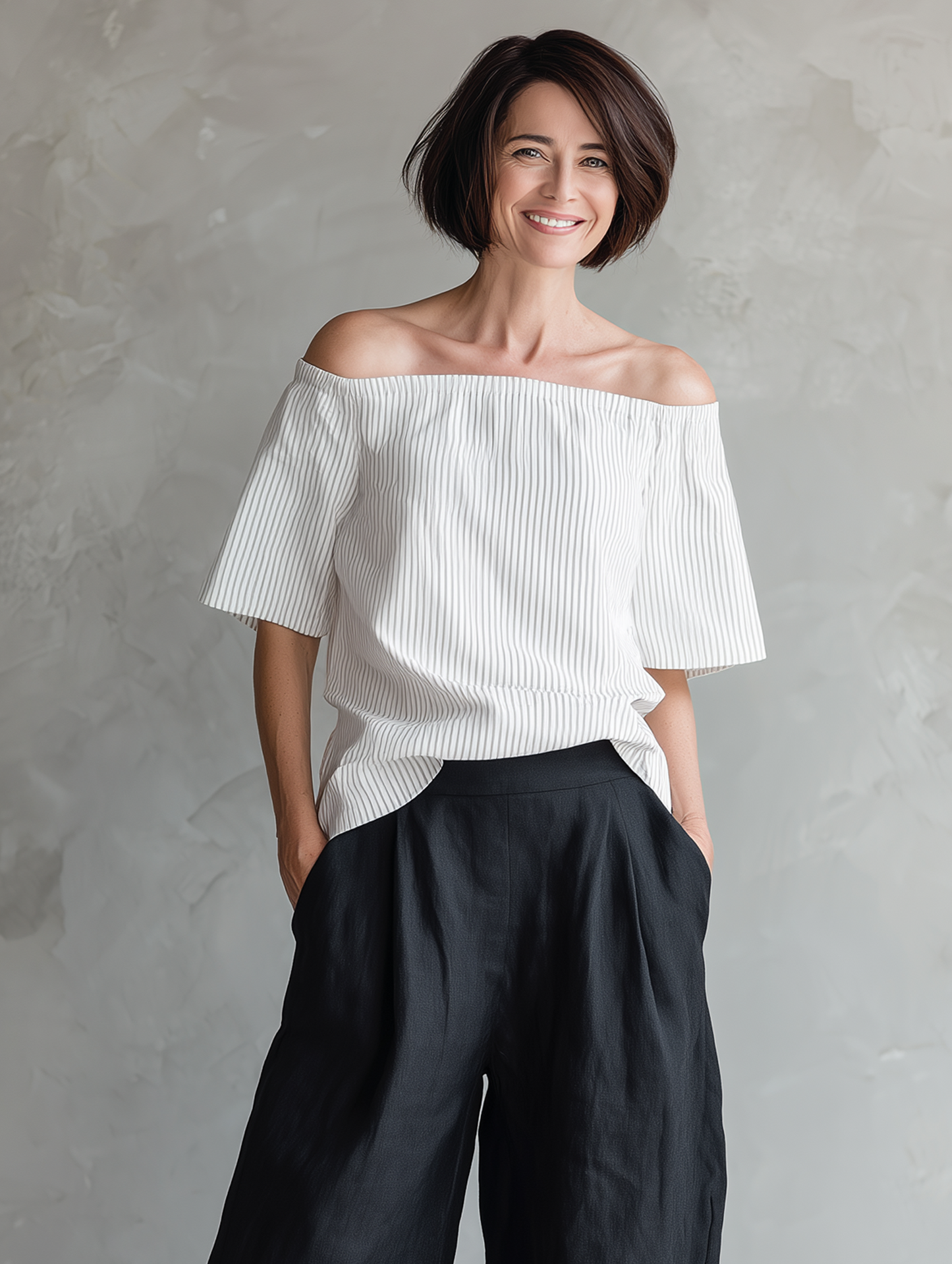 Women's Minimalist Linen-Blend Striped Off-Shoulder Blouse & Wide-Leg Pants Set MDZ1273E4Y