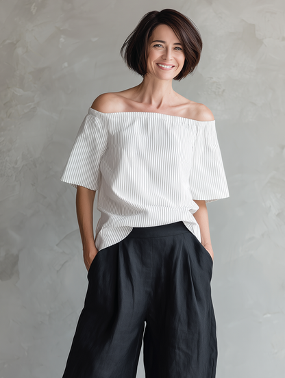 Women's Minimalist Linen-Blend Striped Off-Shoulder Blouse & Wide-Leg Pants Set MDZ1273E4Y
