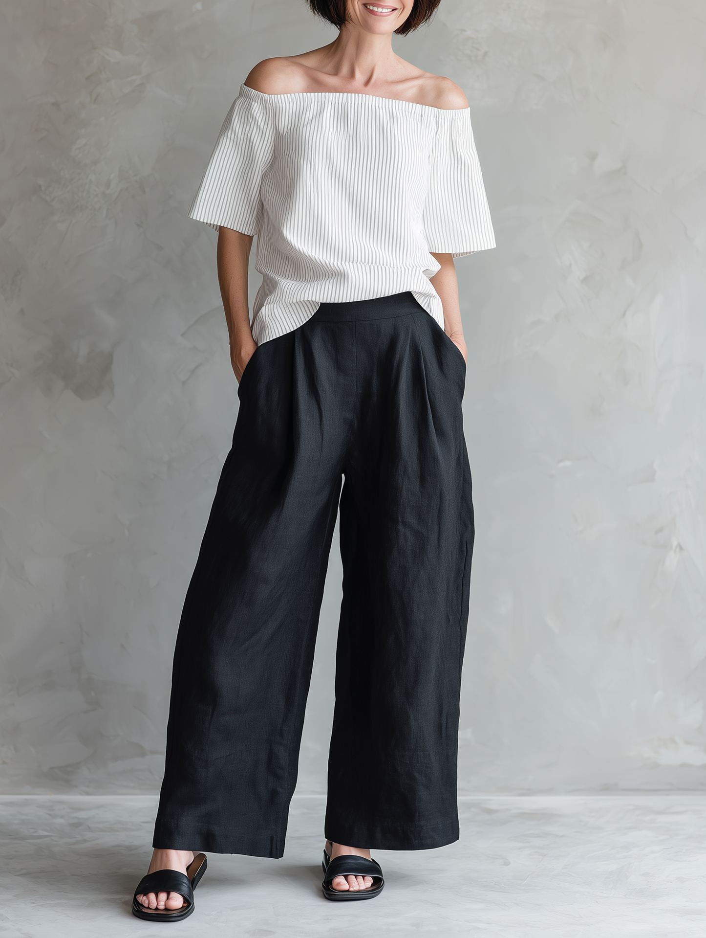 Women's Minimalist Linen-Blend Striped Off-Shoulder Blouse & Wide-Leg Pants Set MDZ1273E4Y