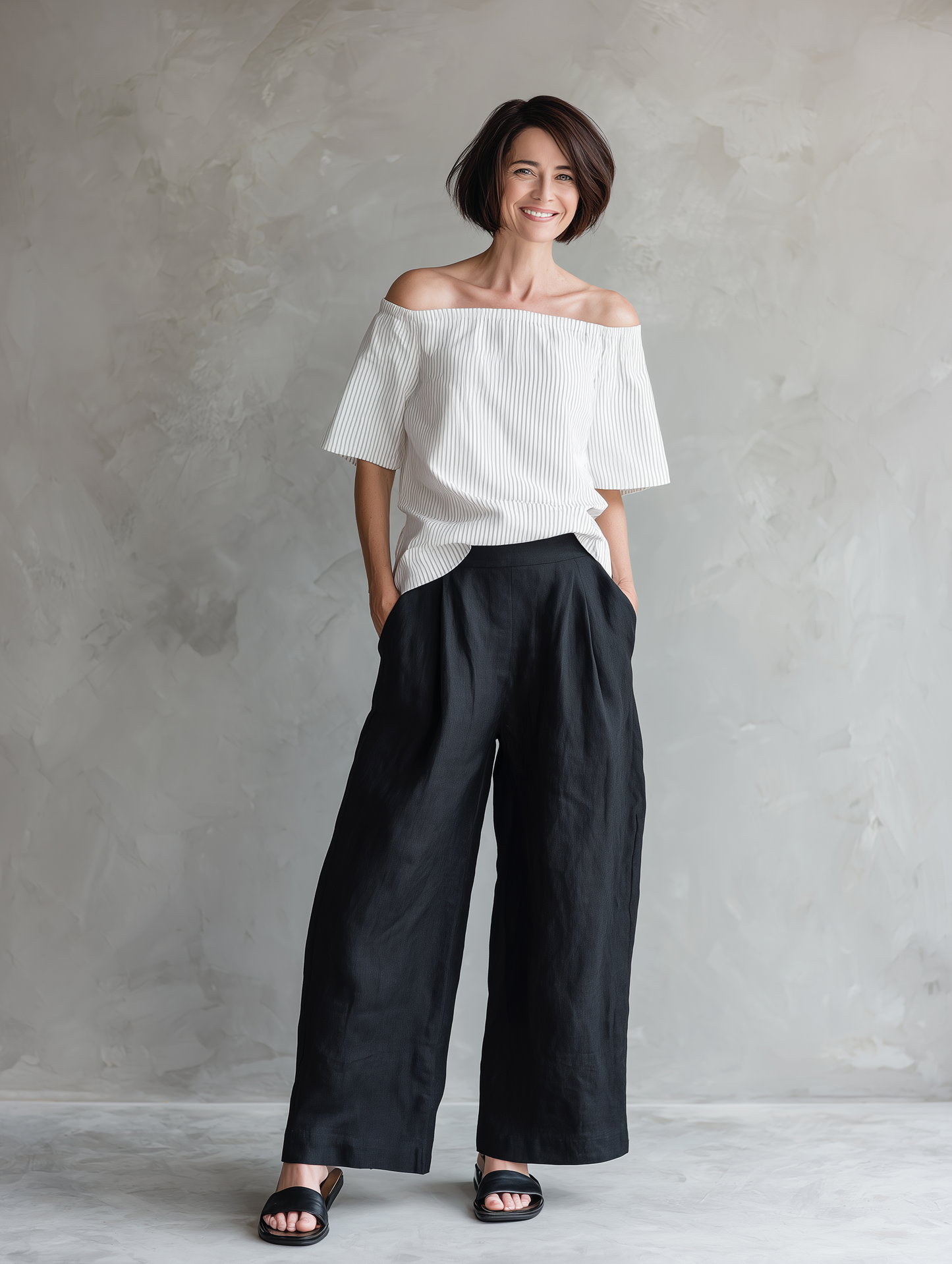 Women's Minimalist Linen-Blend Striped Off-Shoulder Blouse & Wide-Leg Pants Set MDZ1273E4Y