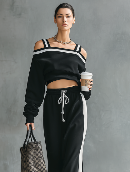 Women's Minimalist Off-Shoulder Long-Sleeve Sweatshirt & Straight Skirt Set MDZ1209E6Y
