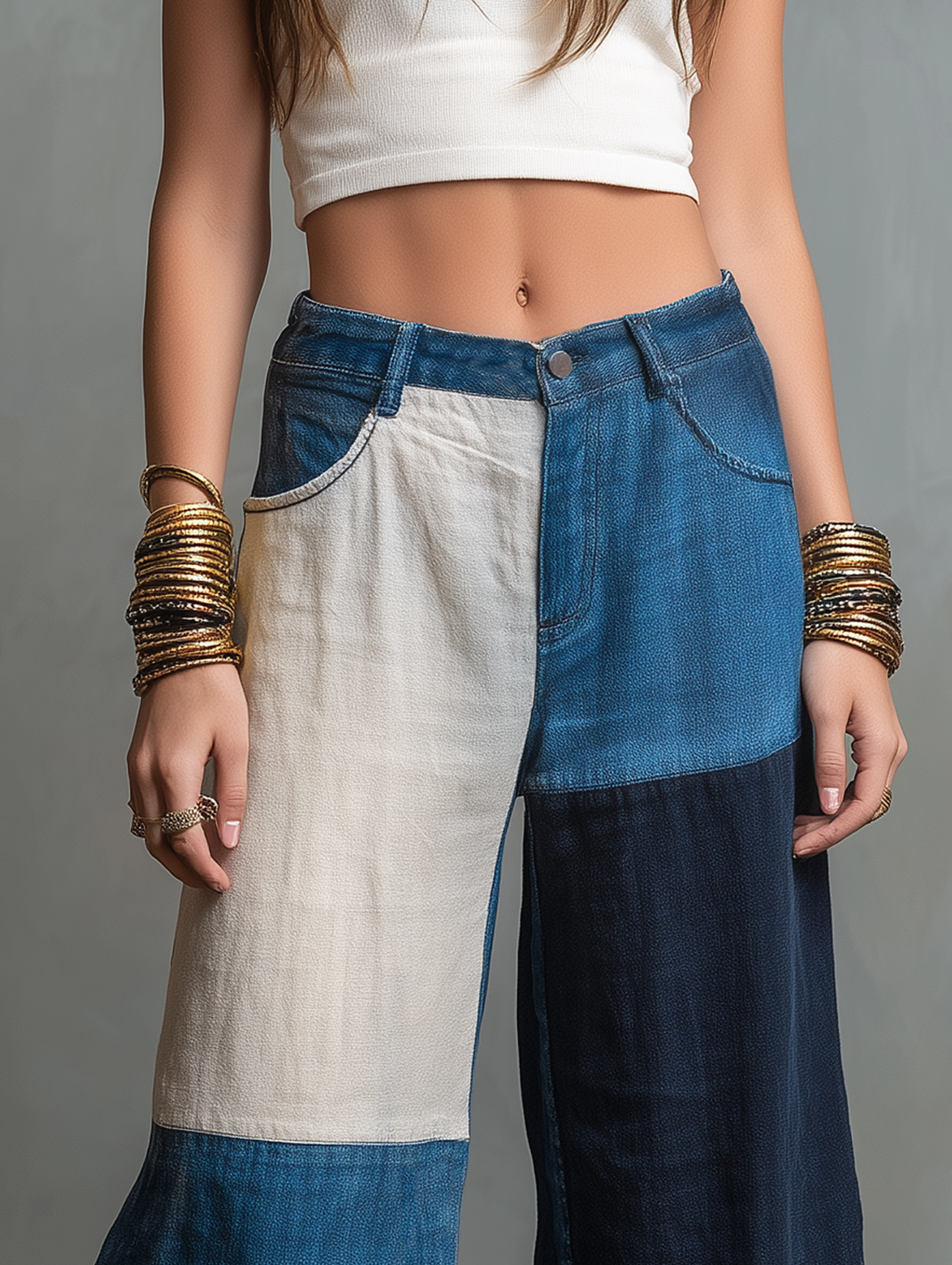 Women's Minimalist Color-Block Wide-Leg Jeans MDZ1250E6Y