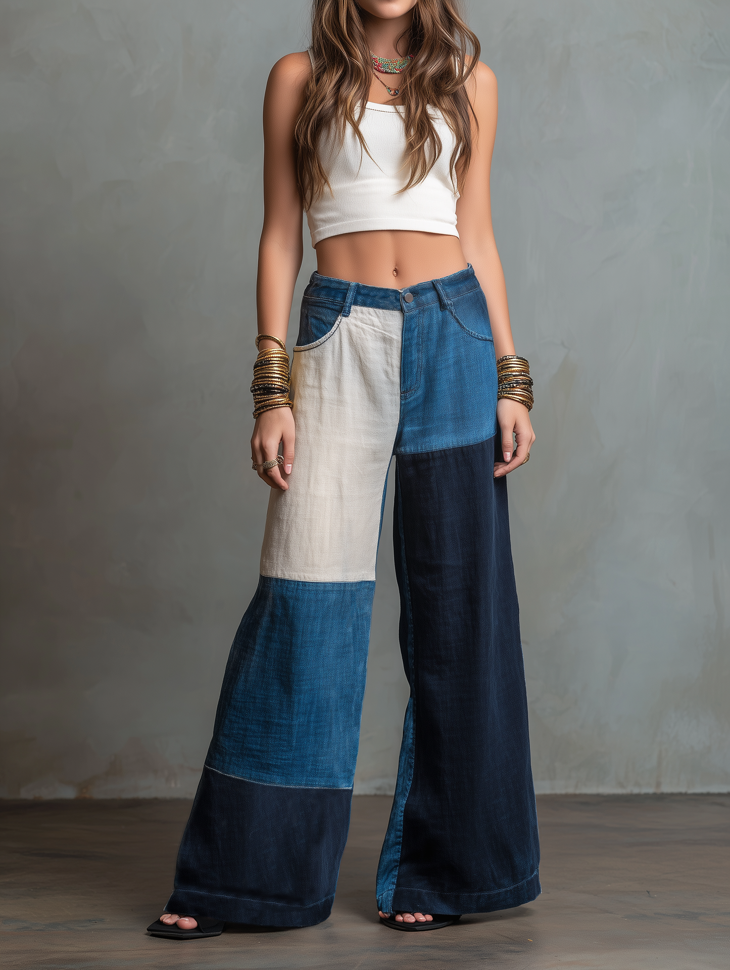 Women's Minimalist Color-Block Wide-Leg Jeans MDZ1250E6Y