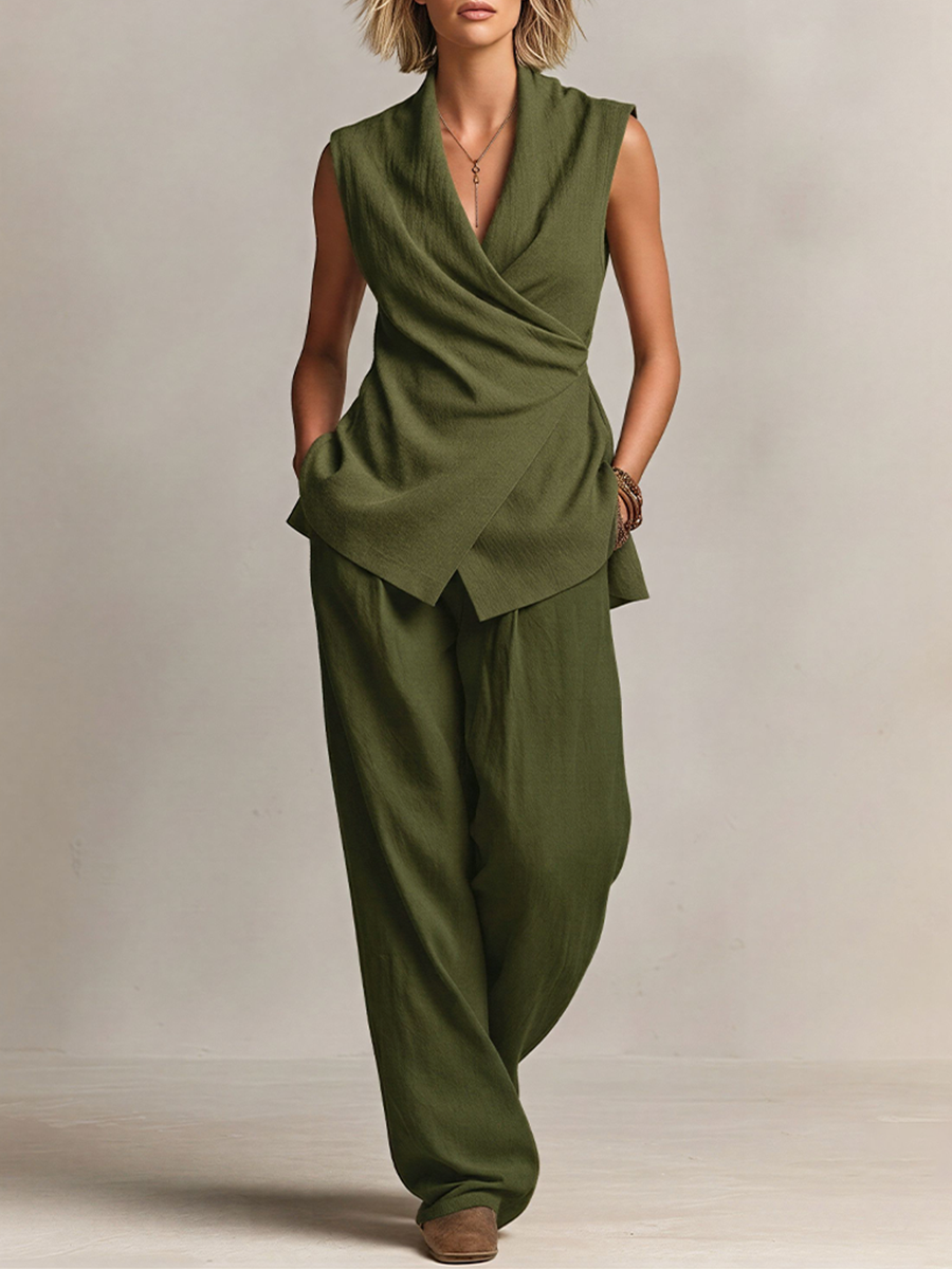 Women's Olive Green Linen-Blend Two-Piece Set With Wrap Vest & Wide Leg Pants, Timeless Minimalist Casual Outfit MDZ1276E0LYL