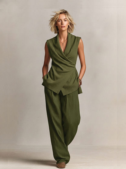 Women's Olive Green Linen-Blend Two-Piece Set With Wrap Vest & Wide Leg Pants, Timeless Minimalist Casual Outfit MDZ1276E0LYL