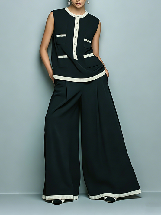 Women's Minimalist Tencel-Blend Sleeveless Blouse & Wide-Leg Pants Set MDZ1276E5Y