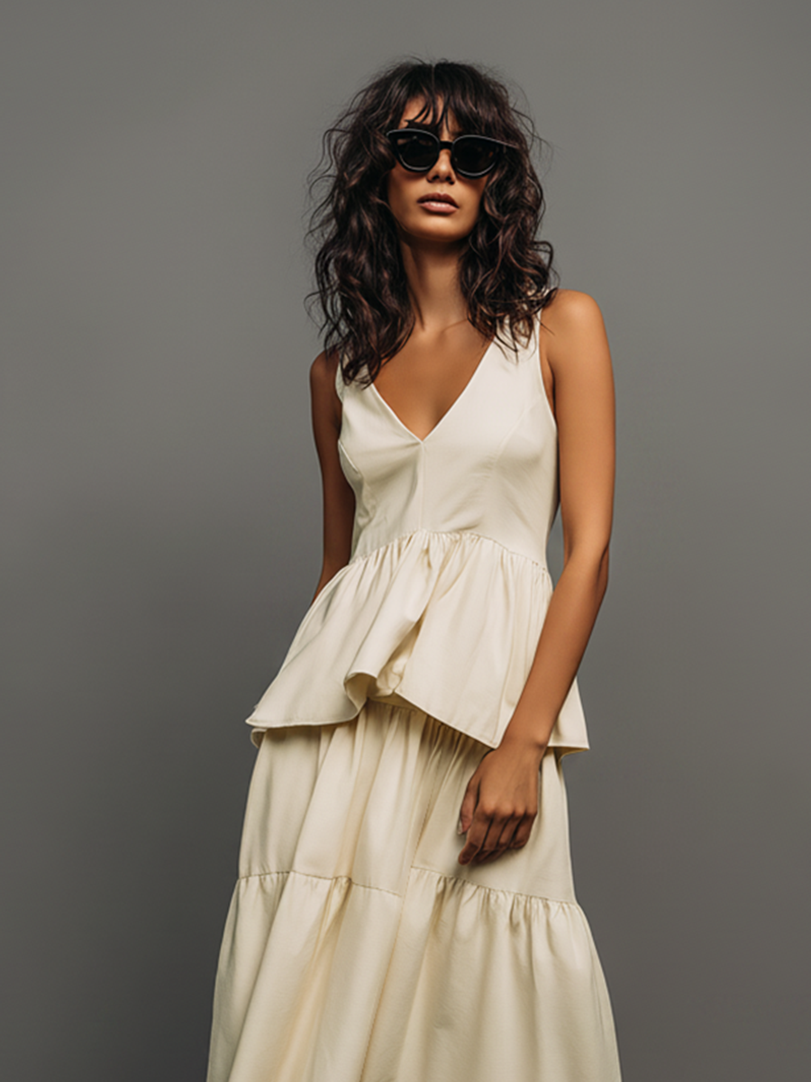 Women's Cream Cotton-Blend Maxi Dress With Tiered Ruffle Skirt & V-Neck, Timeless Casual Summer Dress MDZ1255E8LYL