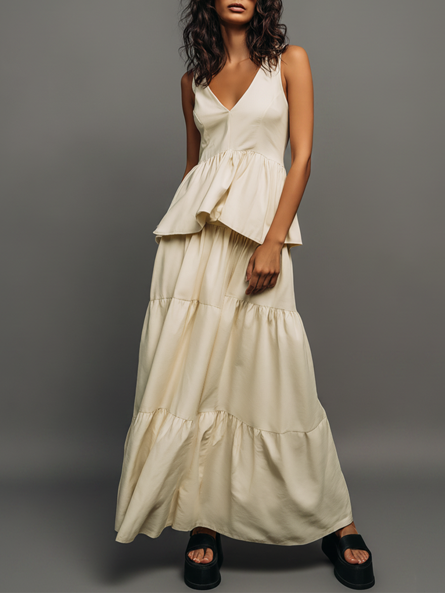 Women's Cream Cotton-Blend Maxi Dress With Tiered Ruffle Skirt & V-Neck, Timeless Casual Summer Dress MDZ1255E8LYL