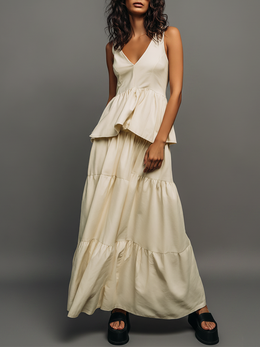 Women's Cream Cotton-Blend Maxi Dress With Tiered Ruffle Skirt & V-Neck, Timeless Casual Summer Dress MDZ1255E8LYL