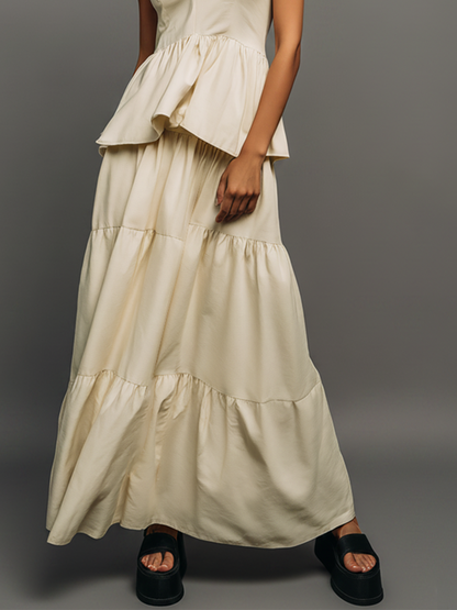 Women's Cream Cotton-Blend Maxi Dress With Tiered Ruffle Skirt & V-Neck, Timeless Casual Summer Dress MDZ1255E8LYL