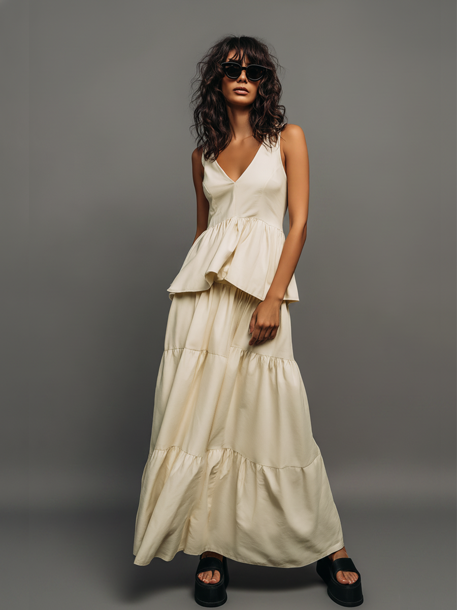Women's Cream Cotton-Blend Maxi Dress With Tiered Ruffle Skirt & V-Neck, Timeless Casual Summer Dress MDZ1255E8LYL