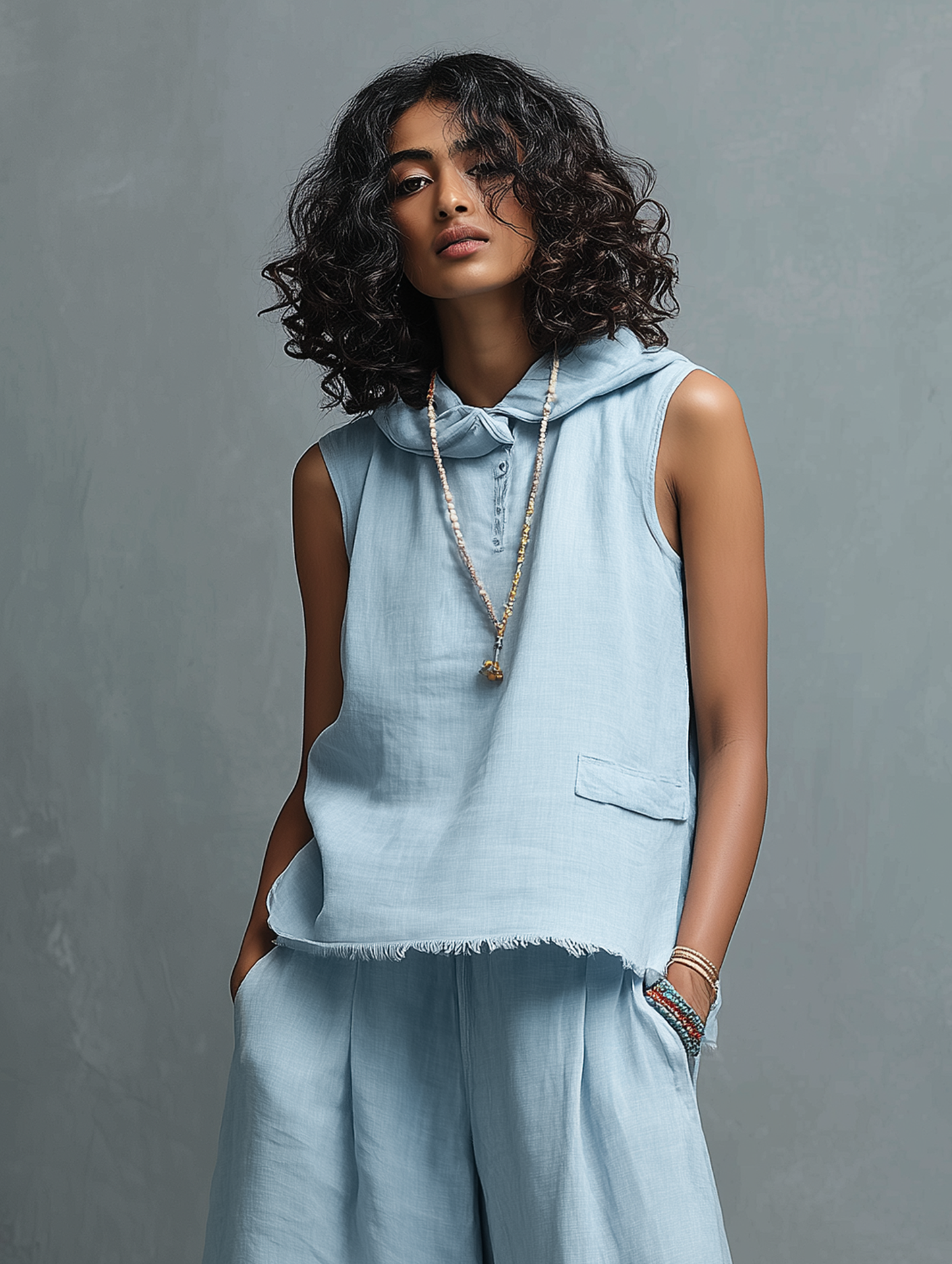 Women's Minimalist Linen-Blend Sleeveless Hooded Blouse & Wide-Leg Pants Set MDZ1544E6Y