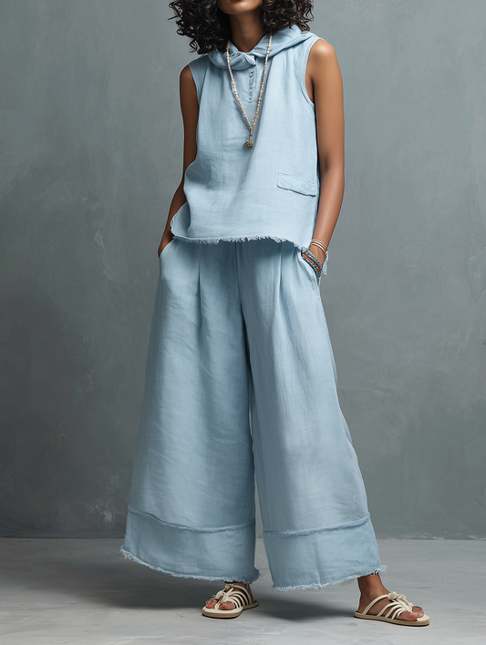 Women's Minimalist Linen-Blend Sleeveless Hooded Blouse & Wide-Leg Pants Set MDZ1544E6Y