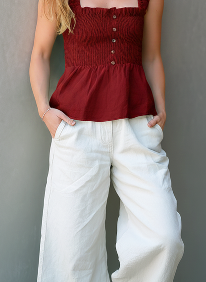 Women's Casual Deep Red Cotton-Linen Sleeveless Camisole Top Paired With White Woven Trousers MDZ1539E4LXY